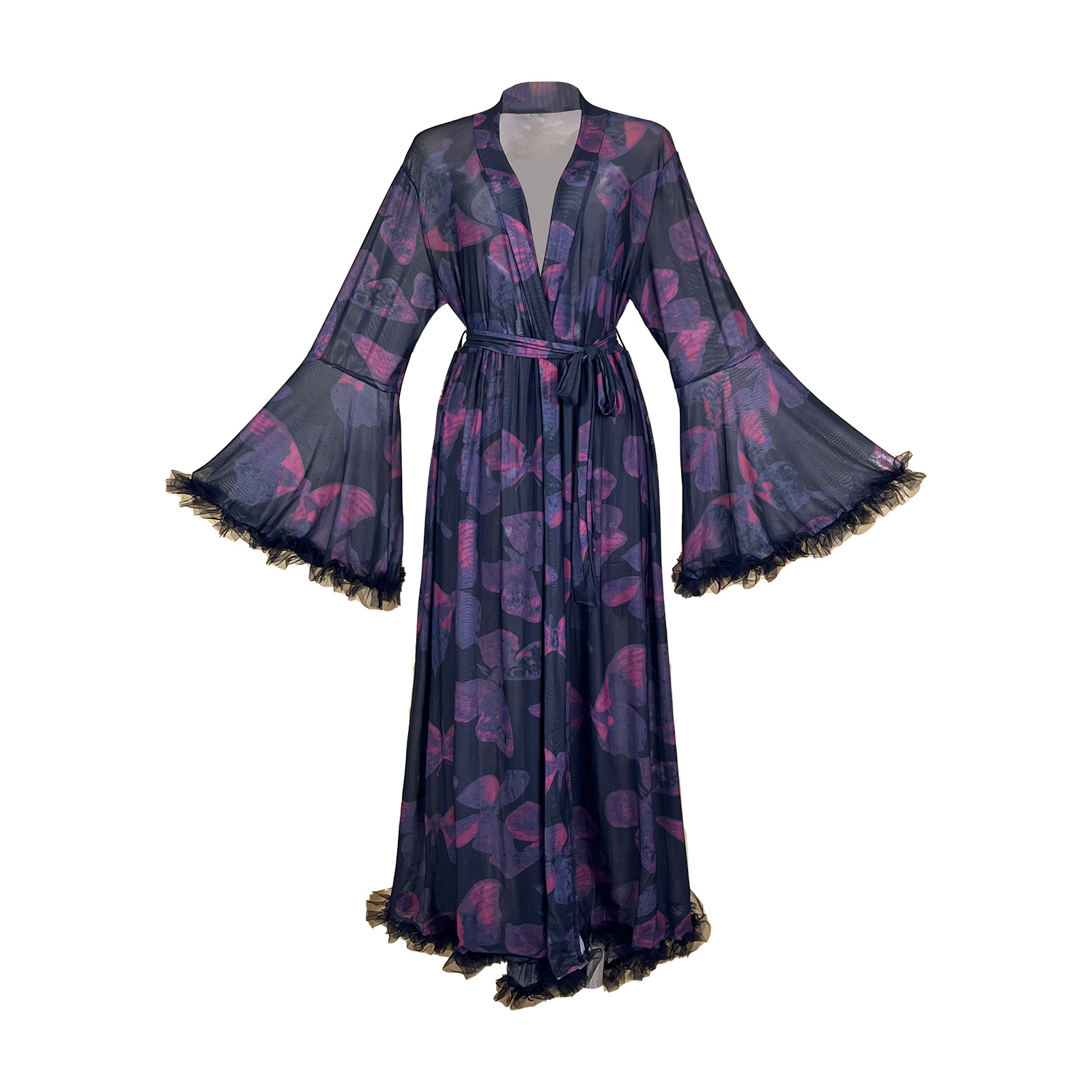 Kimono Sheer Floral - เสื้อคลุมอาบน้ำตาข่ายโปร่งลายพิมพ์สำหรับฤดูร้อน ขอบรุ่ยลายดอกไม้ พร้อมสายผูกยาว เสื้อคลุมอาบน้ำผู้หญิงสำหรับใส่ในบ้าน แขนกระดิ่งแต่งระบาย รุ่น