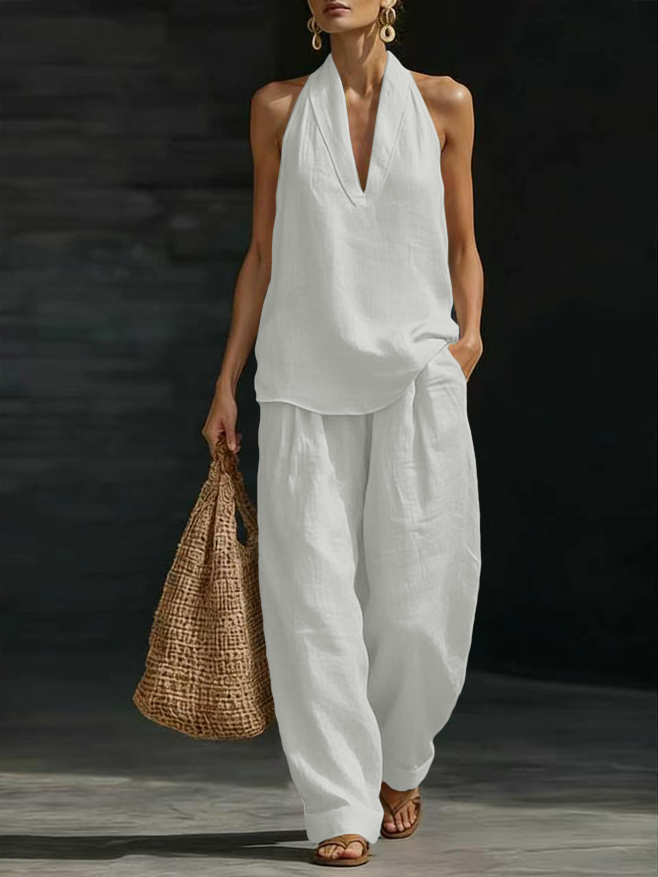 Linen Pant Wide - ชุดเซ็ตผ้าลินิน 2 ชิ้นสำหรับผู้หญิง เสื้อกล้ามคอวีแบบผูกคอ กางเกงขายาวทรงหลวม สไตล์ลำลอง