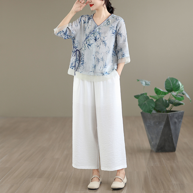 เสื้อคอวีปักลายผ้าฝ้ายลินินสุด - Linen Pant Wide บทวิจารณ์และราคา