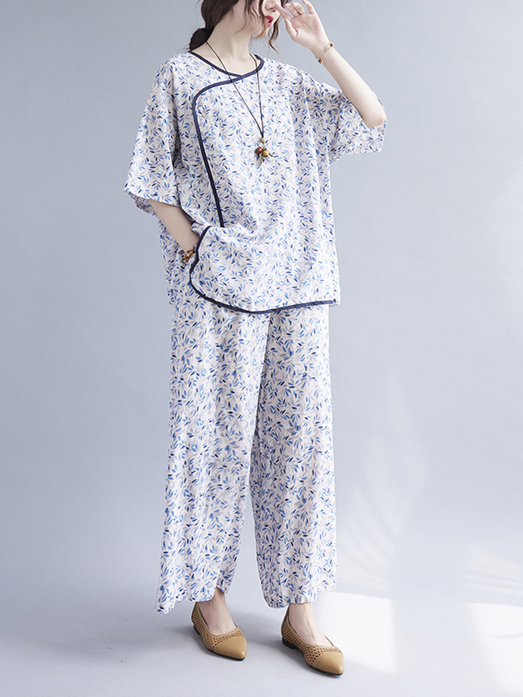 ชุดผ้าฝ้ายผสมลินินลายดอกไม้สำห - Linen Pant Wide บทวิจารณ์และราคา
